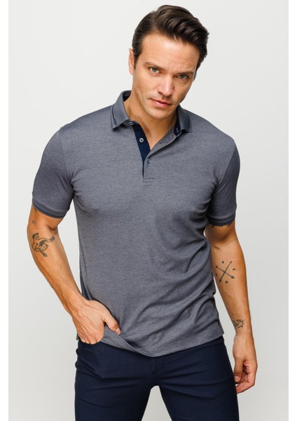 Erkek Polo Yaka Yakası ve Kolu Triko T-Shirt Füme