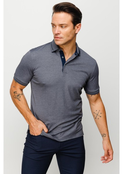 Erkek Polo Yaka Yakası ve Kolu Triko T-Shirt Füme modelleri