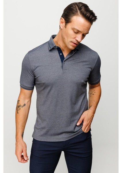 Erkek Polo Yaka Yakası ve Kolu Triko T-Shirt Füme indirimleri