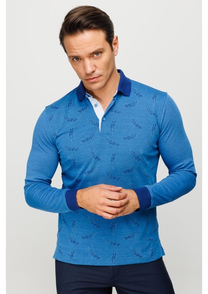 Erkek Polo Yaka Tüy Desenli Sweatshirt Saks