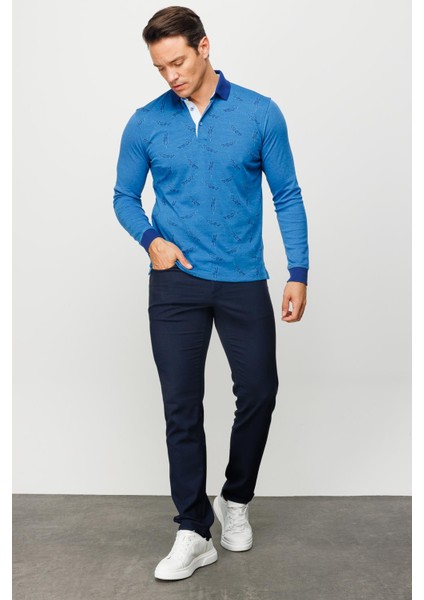 Erkek Polo Yaka Tüy Desenli Sweatshirt Saks