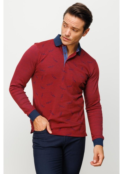 Erkek Polo Yaka Tüy Desenli Sweatshirt Bordo