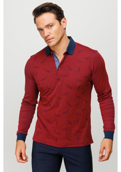 Erkek Polo Yaka Tüy Desenli Sweatshirt Bordo