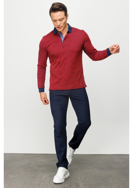 Erkek Polo Yaka Tüy Desenli Sweatshirt Bordo