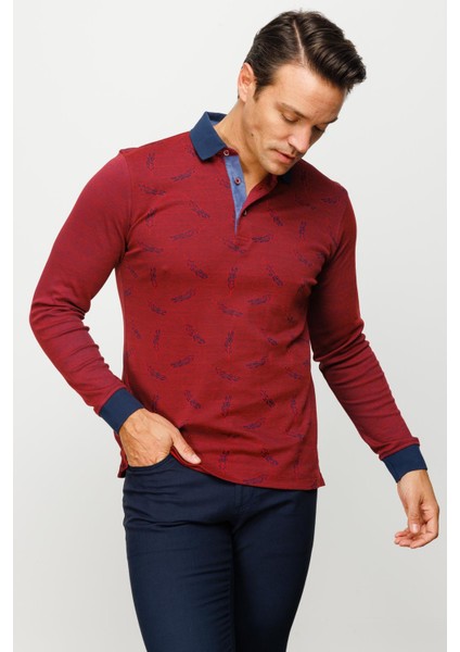 Erkek Polo Yaka Tüy Desenli Sweatshirt Bordo