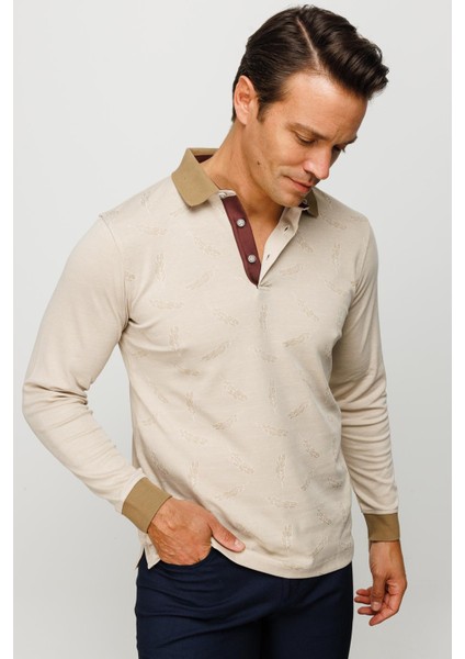 Erkek Polo Yaka Tüy Desenli Sweatshirt Bej