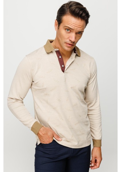 Erkek Polo Yaka Tüy Desenli Sweatshirt Bej modelleri