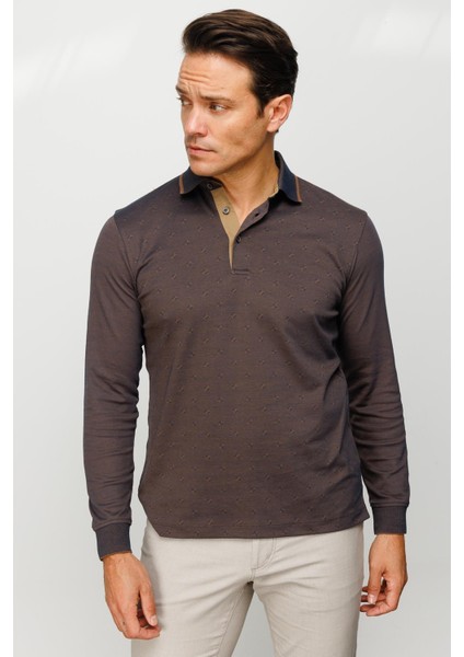 Erkek Polo Yaka Kare Desenli Uzun Kollu Sweatshirt Kahve