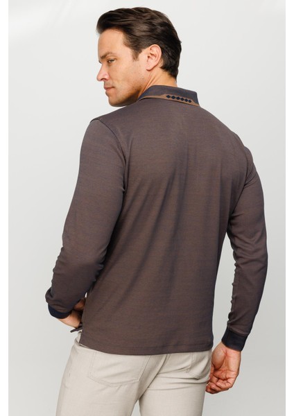 Erkek Polo Yaka Kare Desenli Uzun Kollu Sweatshirt Kahve