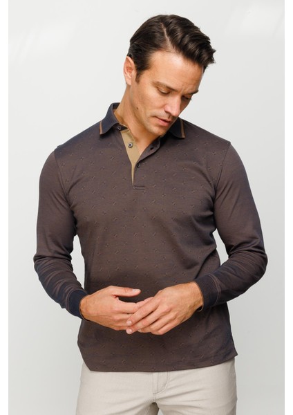 Erkek Polo Yaka Kare Desenli Uzun Kollu Sweatshirt Kahve