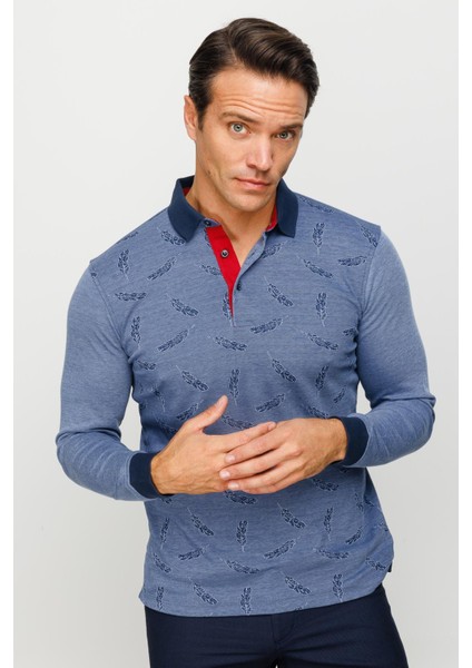 Erkek Polo Yaka Tüy Desenli Sweatshirt Lacivert
