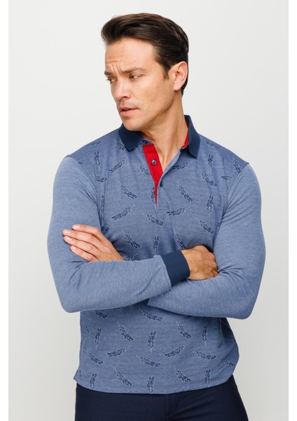 Erkek Polo Yaka Tüy Desenli Sweatshirt Lacivert