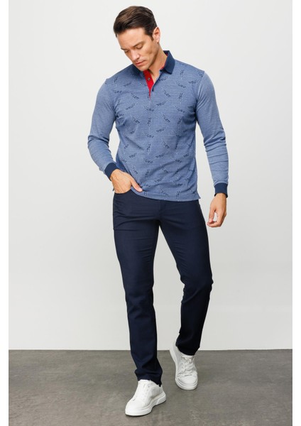 Erkek Polo Yaka Tüy Desenli Sweatshirt Lacivert