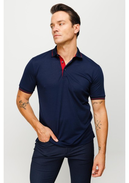 Erkek Polo Yaka Yakası ve Kolu Triko T-Shirt Lacivert fiyatları