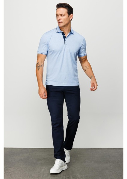 Erkek Polo Yaka Yakası ve Kolu Triko T-Shirt Mavi fiyatları