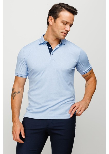 Erkek Polo Yaka Yakası ve Kolu Triko T-Shirt Mavi modelleri