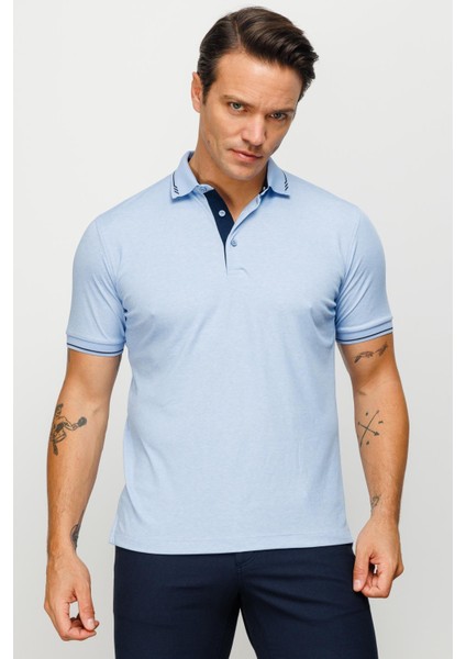 Erkek Polo Yaka Yakası ve Kolu Triko T-Shirt Mavi indirimleri