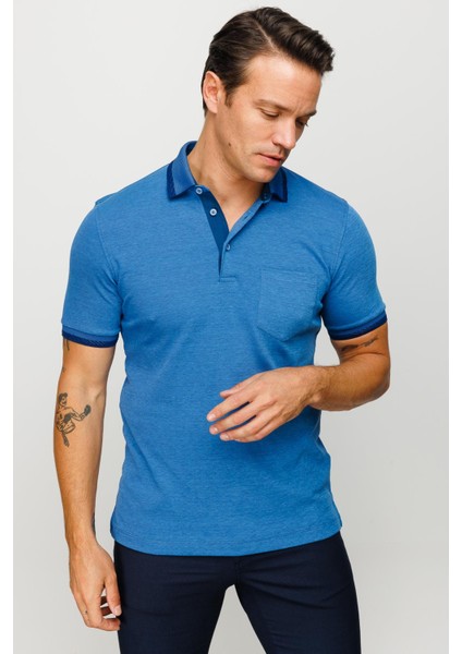 Erkek Polo Yaka Yakası ve Kolu Triko Cepli T-Shirt Saks