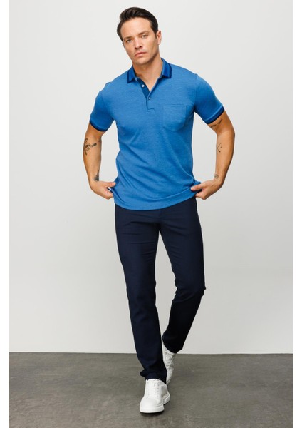 Erkek Polo Yaka Yakası ve Kolu Triko Cepli T-Shirt Saks modelleri