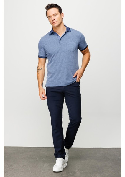 Erkek Polo Yaka Yakası ve Kolu Triko Cepli T-Shirt Lacivert modelleri