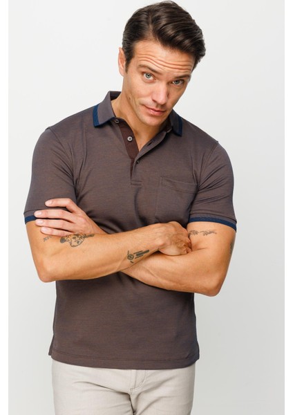 Erkek Polo Yaka Yakası ve Kolu Triko Cepli T-Shirt Kahve