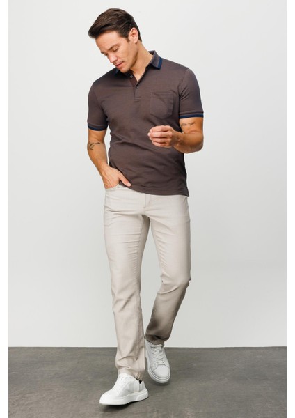 Erkek Polo Yaka Yakası ve Kolu Triko Cepli T-Shirt Kahve modelleri