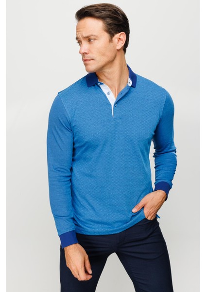 Erkek Polo Yaka Jakarlı Minik Desenli Sweatshirt Lacivert