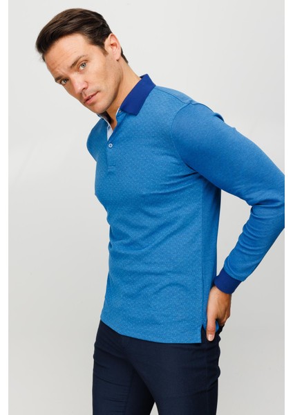 Erkek Polo Yaka Jakarlı Minik Desenli Sweatshirt Lacivert modelleri