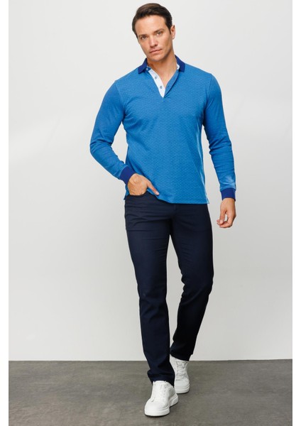 Erkek Polo Yaka Jakarlı Minik Desenli Sweatshirt Lacivert indirimleri