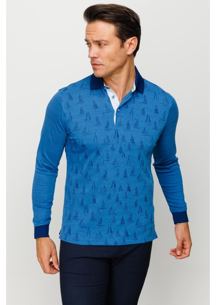 Erkek Polo Yaka Yelken Desenli Sweatshirt Saks