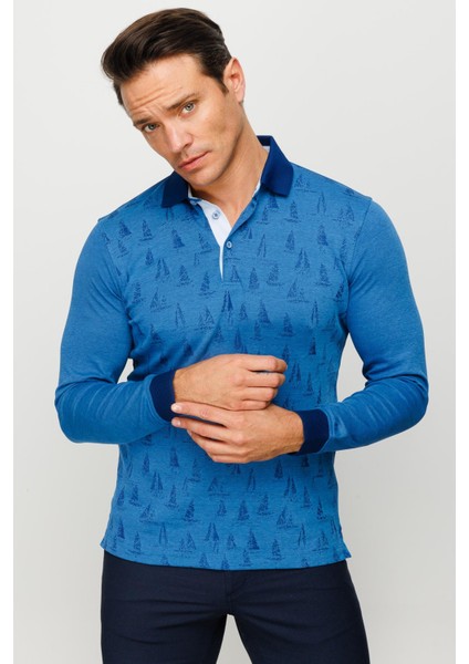 Erkek Polo Yaka Yelken Desenli Sweatshirt Saks