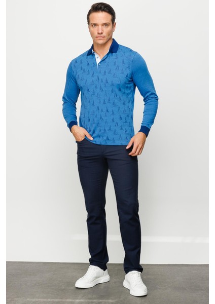 Erkek Polo Yaka Yelken Desenli Sweatshirt Saks