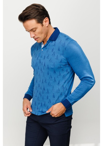 Erkek Polo Yaka Yelken Desenli Sweatshirt Saks