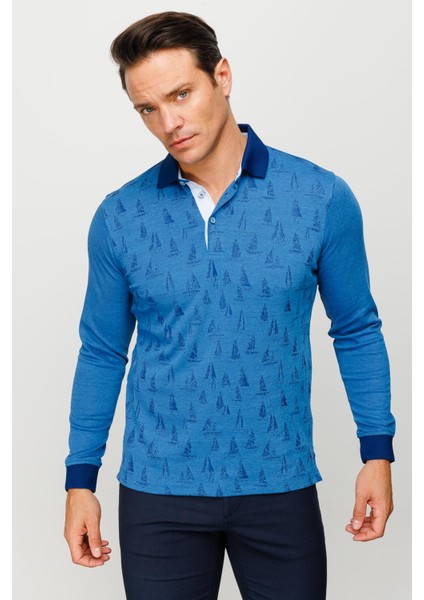 Erkek Polo Yaka Yelken Desenli Sweatshirt Saks