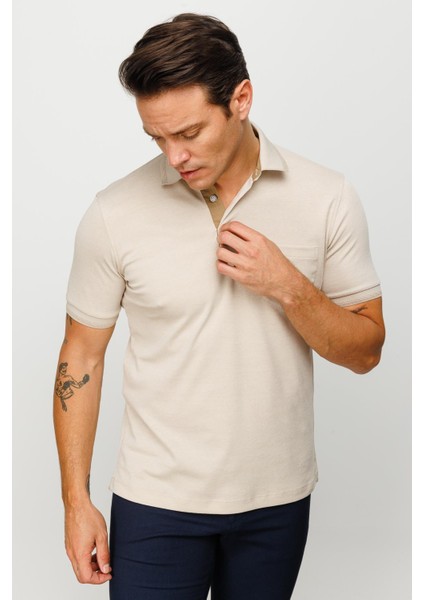 Erkek Polo Yaka Yakası ve Kolu Triko Cepli T-Shirt Bej