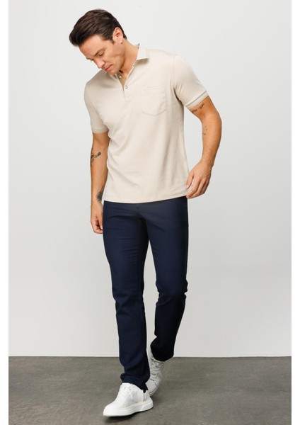 Erkek Polo Yaka Yakası ve Kolu Triko Cepli T-Shirt Bej modelleri