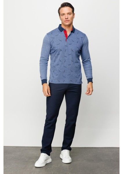 Erkek Polo Yaka Tüy Desenli Sweatshirt Lacivert