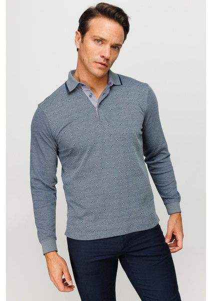 Erkek Polo Yaka Kare Desenli Uzun Kollu Sweatshirt Füme