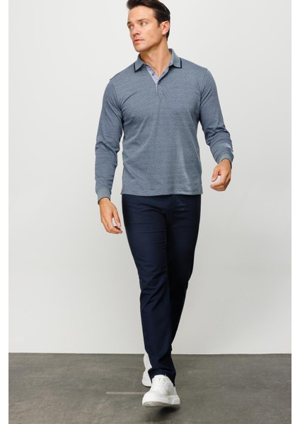 Erkek Polo Yaka Kare Desenli Uzun Kollu Sweatshirt Füme