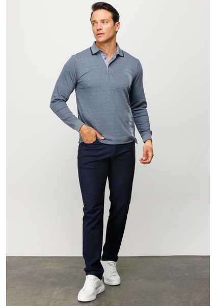 Erkek Polo Yaka Kare Desenli Uzun Kollu Sweatshirt Füme