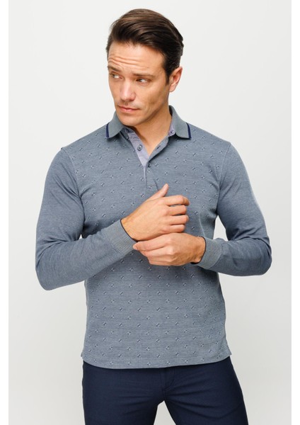 Erkek Polo Yaka Kare Desenli Uzun Kollu Sweatshirt Füme