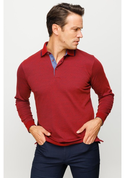 Erkek Polo Yaka Kare Desenli Uzun Kollu Sweatshirt Bordo