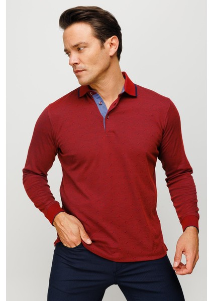Erkek Polo Yaka Kare Desenli Uzun Kollu Sweatshirt Bordo