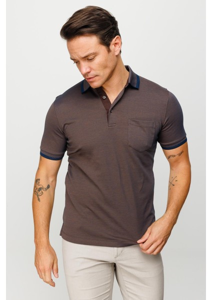 Erkek Polo Yaka Yakası ve Kolu Triko Cepli T-Shirt Kahve indirimleri