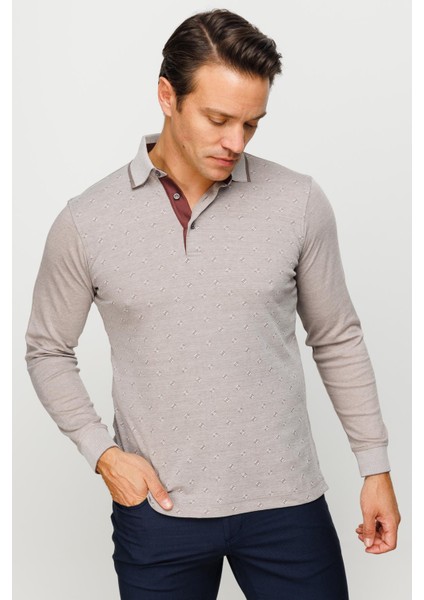 Erkek Polo Yaka Kare Desenli Uzun Kollu Sweatshirt Bej