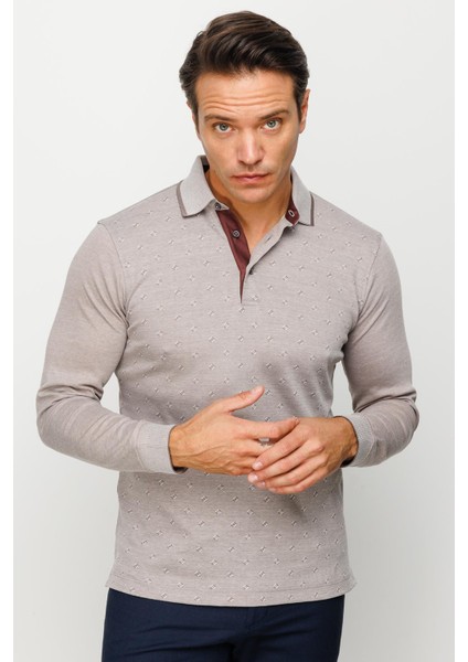 Erkek Polo Yaka Kare Desenli Uzun Kollu Sweatshirt Bej