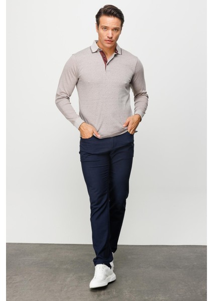 Erkek Polo Yaka Kare Desenli Uzun Kollu Sweatshirt Bej