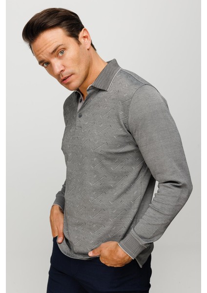 Erkek Polo Yaka Desenli Uzun Kollu Sweatshirt Siyah
