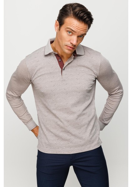 Erkek Polo Yaka Desenli Uzun Kollu Sweatshirt Bej