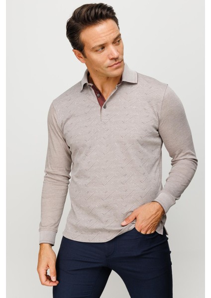 Erkek Polo Yaka Desenli Uzun Kollu Sweatshirt Bej